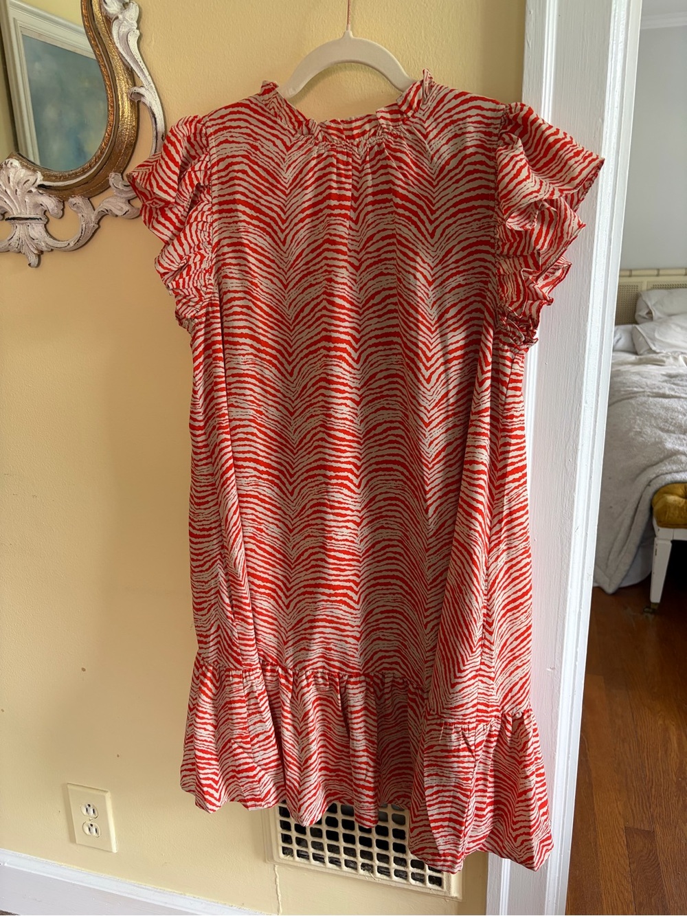 NTW Pinch Red & Tan Print Ruffle Dress with pockets
